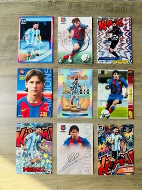 Lionel Messi Rookie Lot of (9) Signed Panini Kaboom Downtown Novelty Cards.